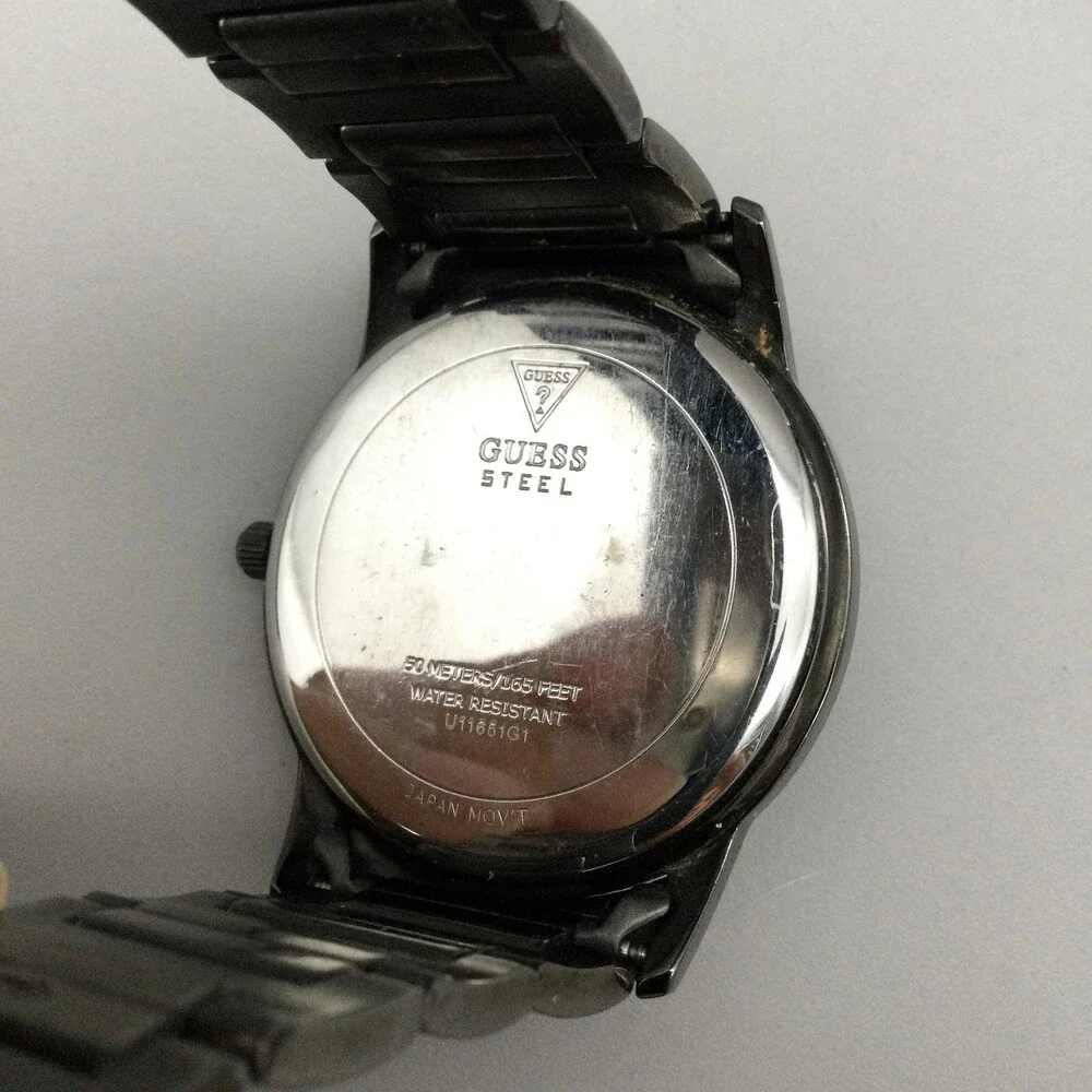 Guess Steel Mens Watch 39mm Black Dial Gunmetal U11651G1 New Battery 7